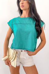 Varsity Muse Mineral Wash Boxy Cotton Top (Seafoam)