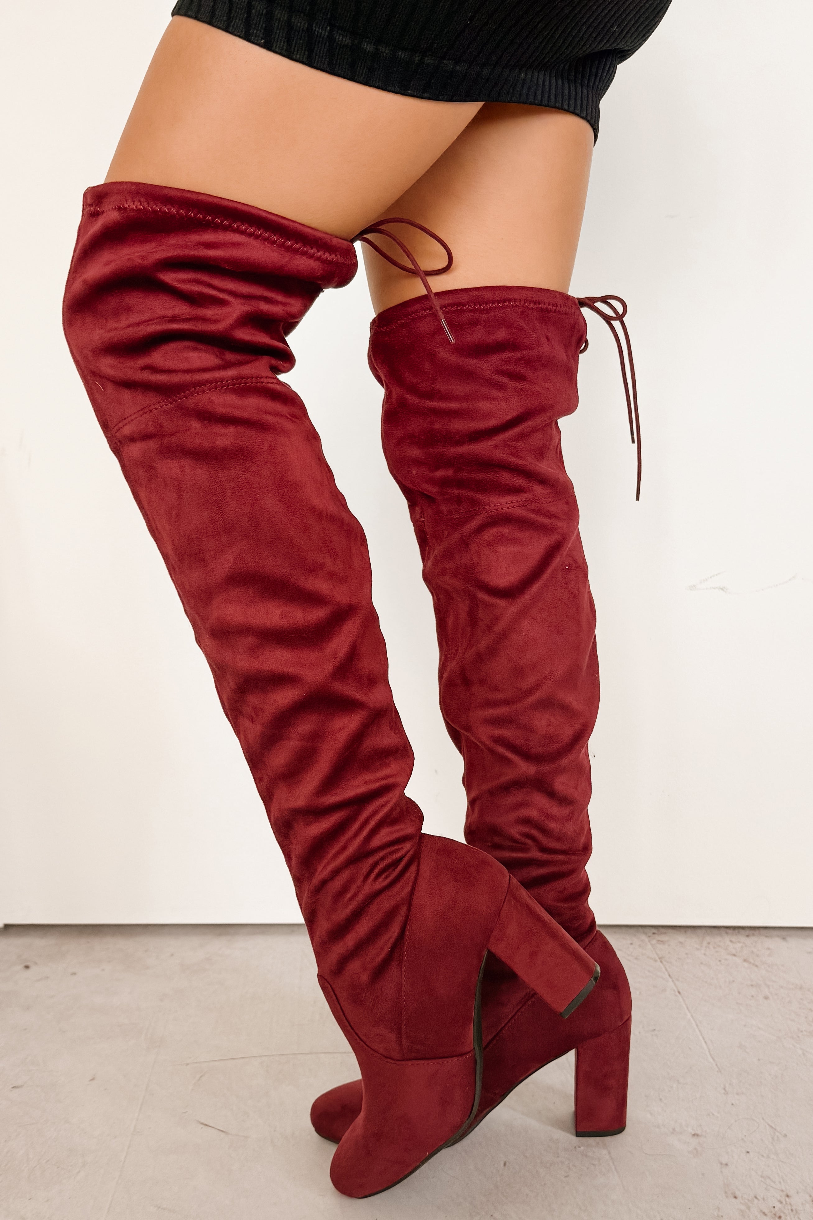 Bold Horizon Thigh High Faux Suede Boots (Burgundy)