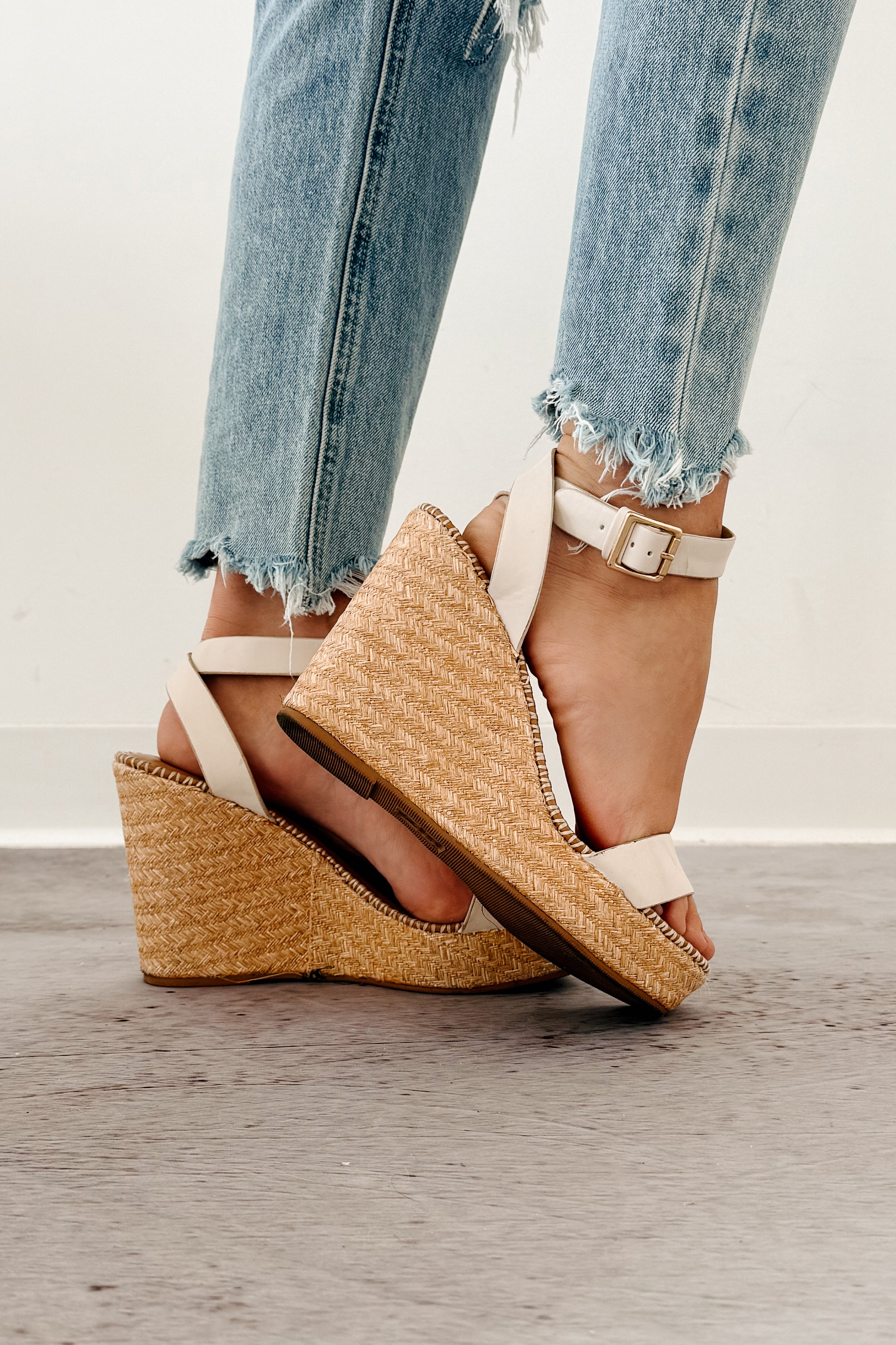 High-End Aura Espadrille Ankle Strap Wedges (Off White)