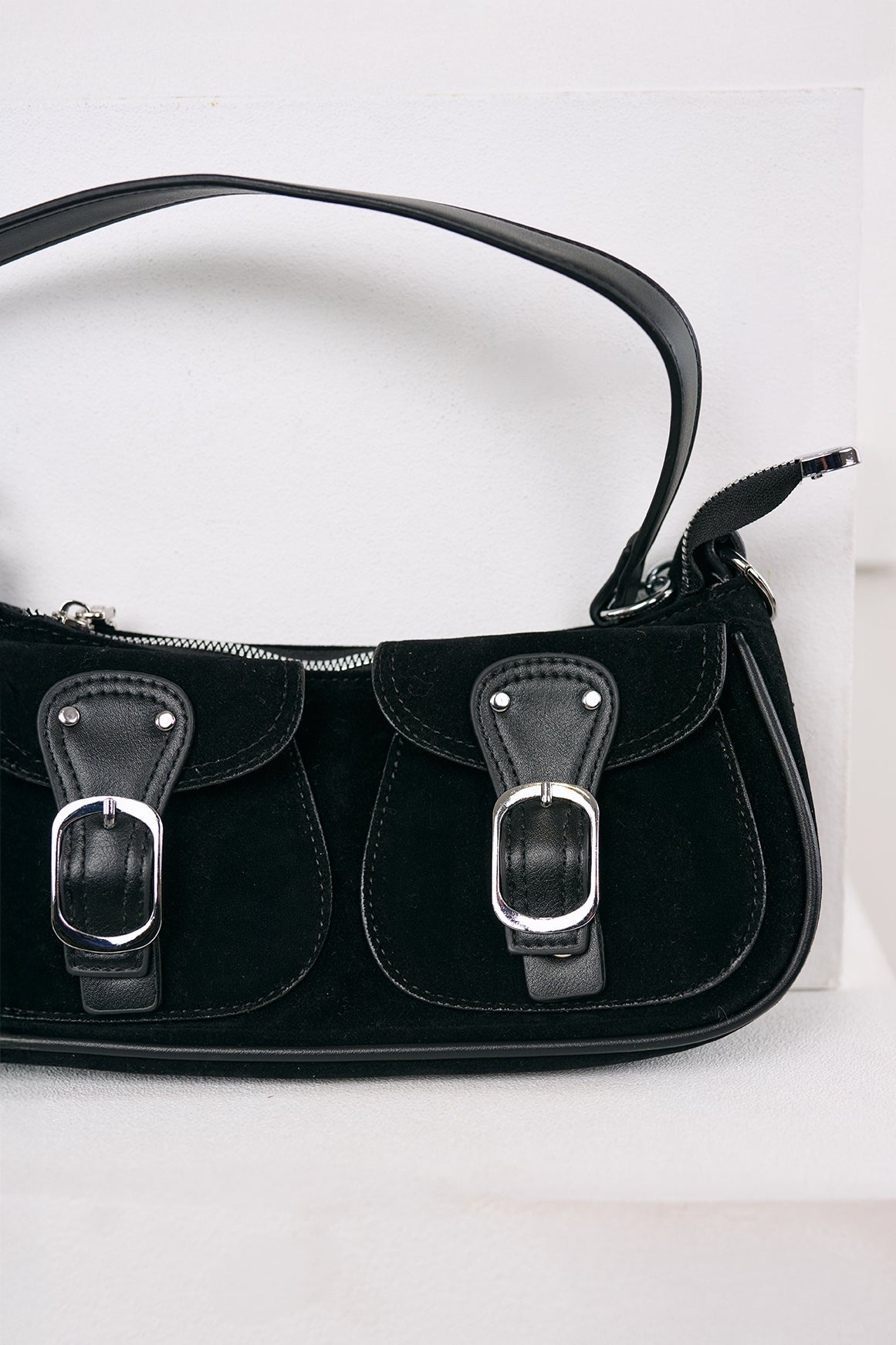 Always On Top Faux Suede Buckle Bag (Black)