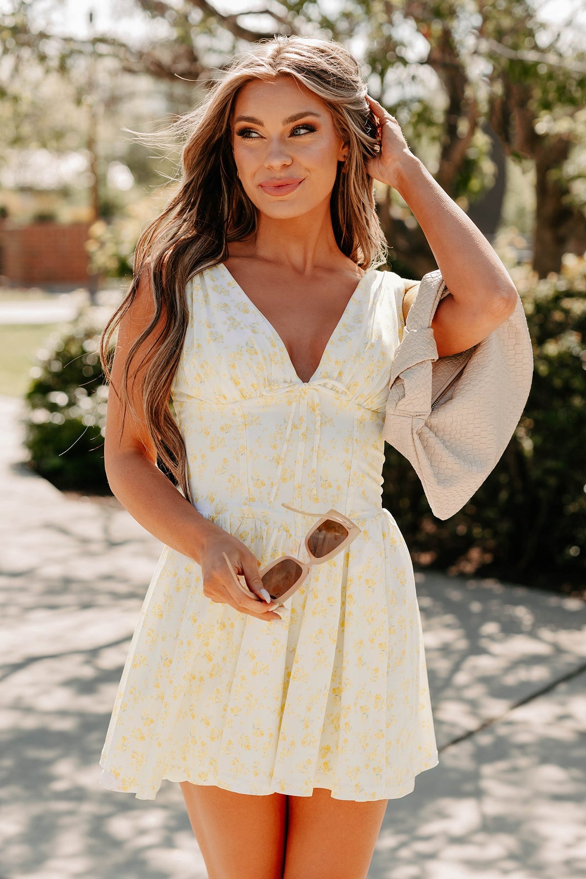 Stop & Bloom Sleeveless Floral Mini Dress (Yellow)