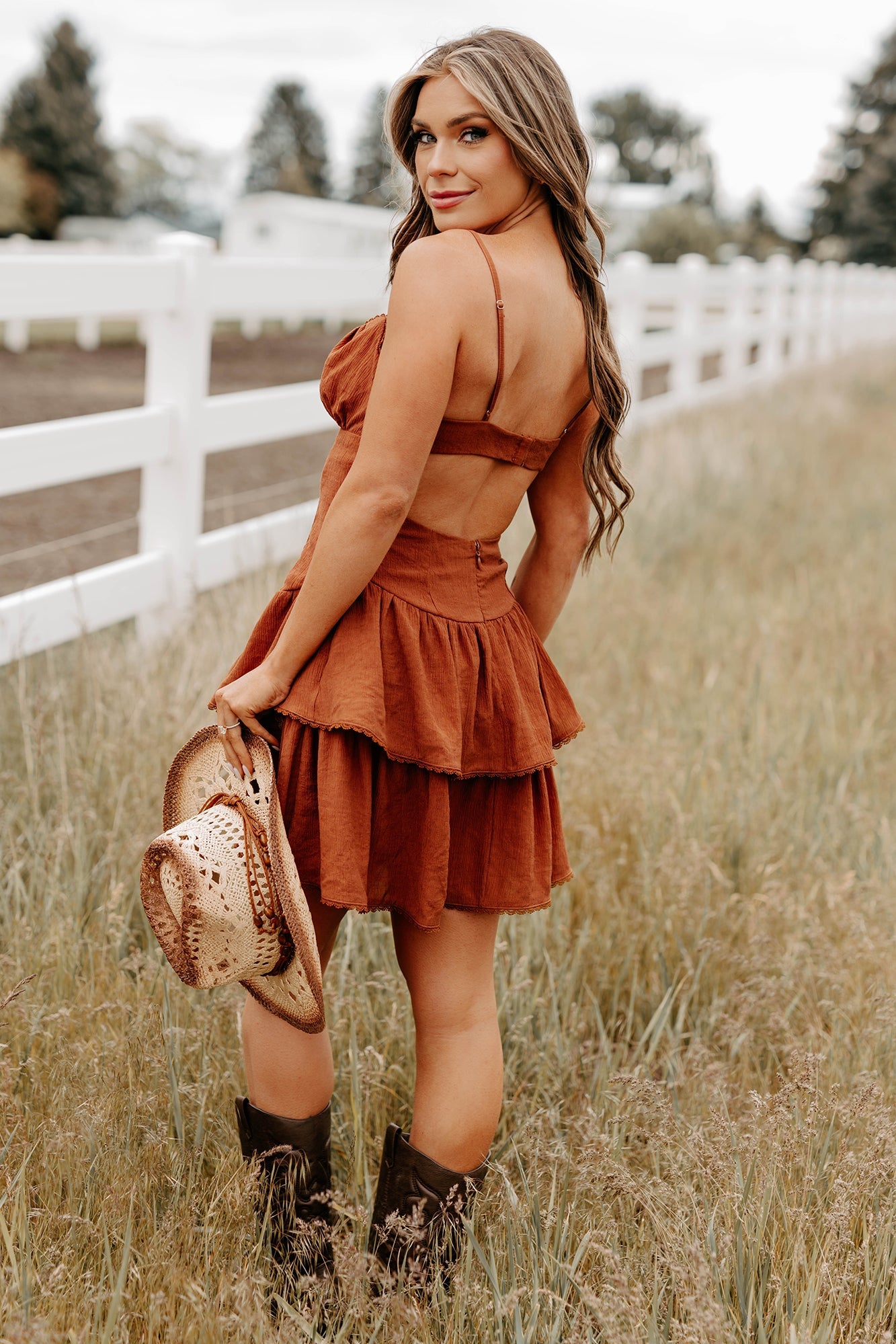 Cottage Cutie Ruffle Tier Mini Dress (Brown)