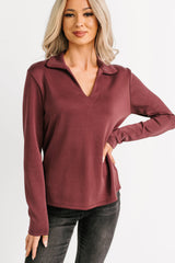 Honest Mood Collared V Neck Long Sleeve Top (Maroon)