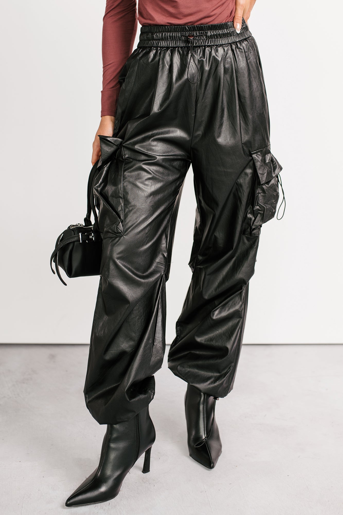 Don't Be Shy Faux Leather Cargo Pants (Black)