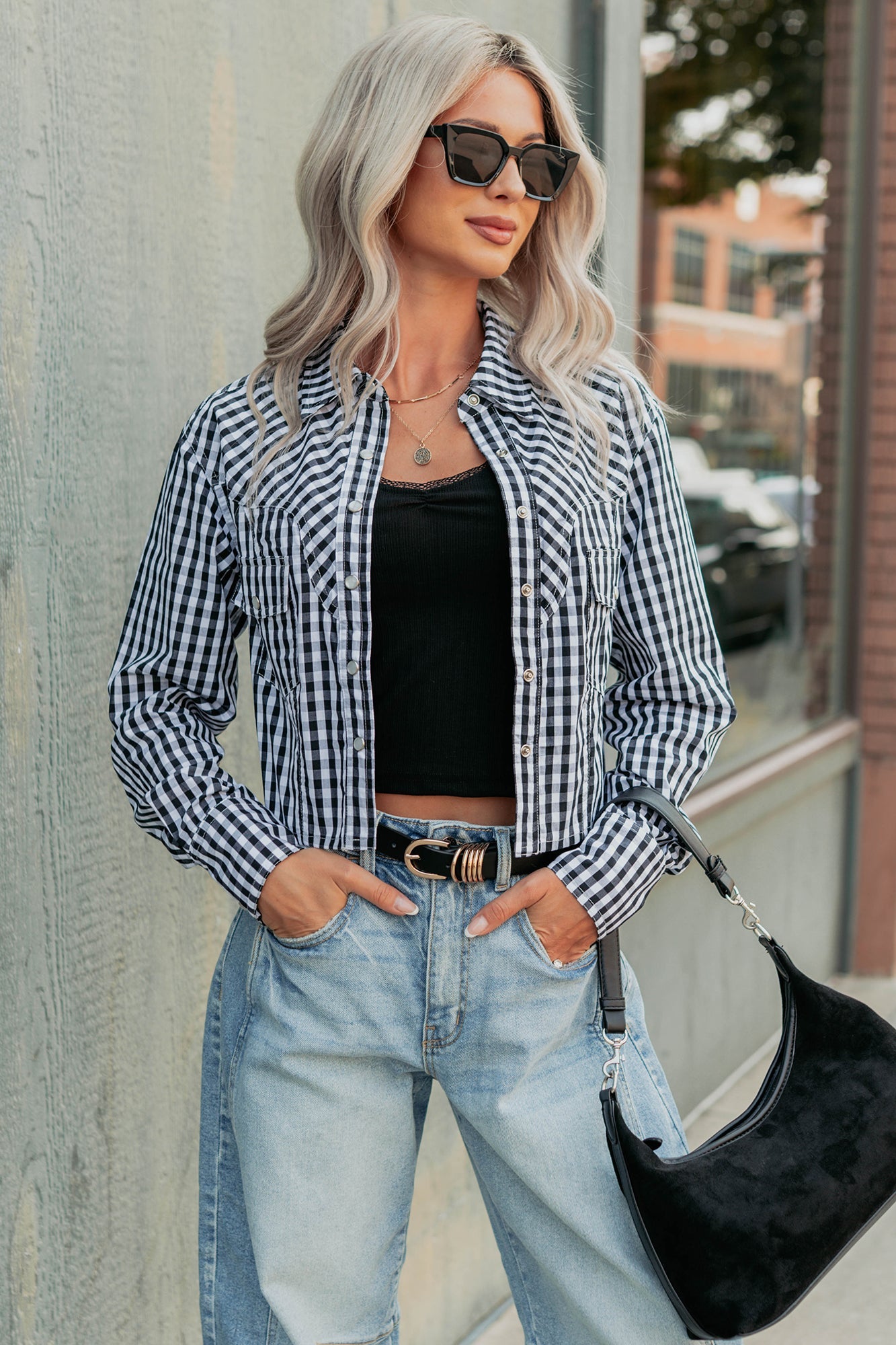 Morning Markets Signature 8 Gingham Crop Shirt (Black)