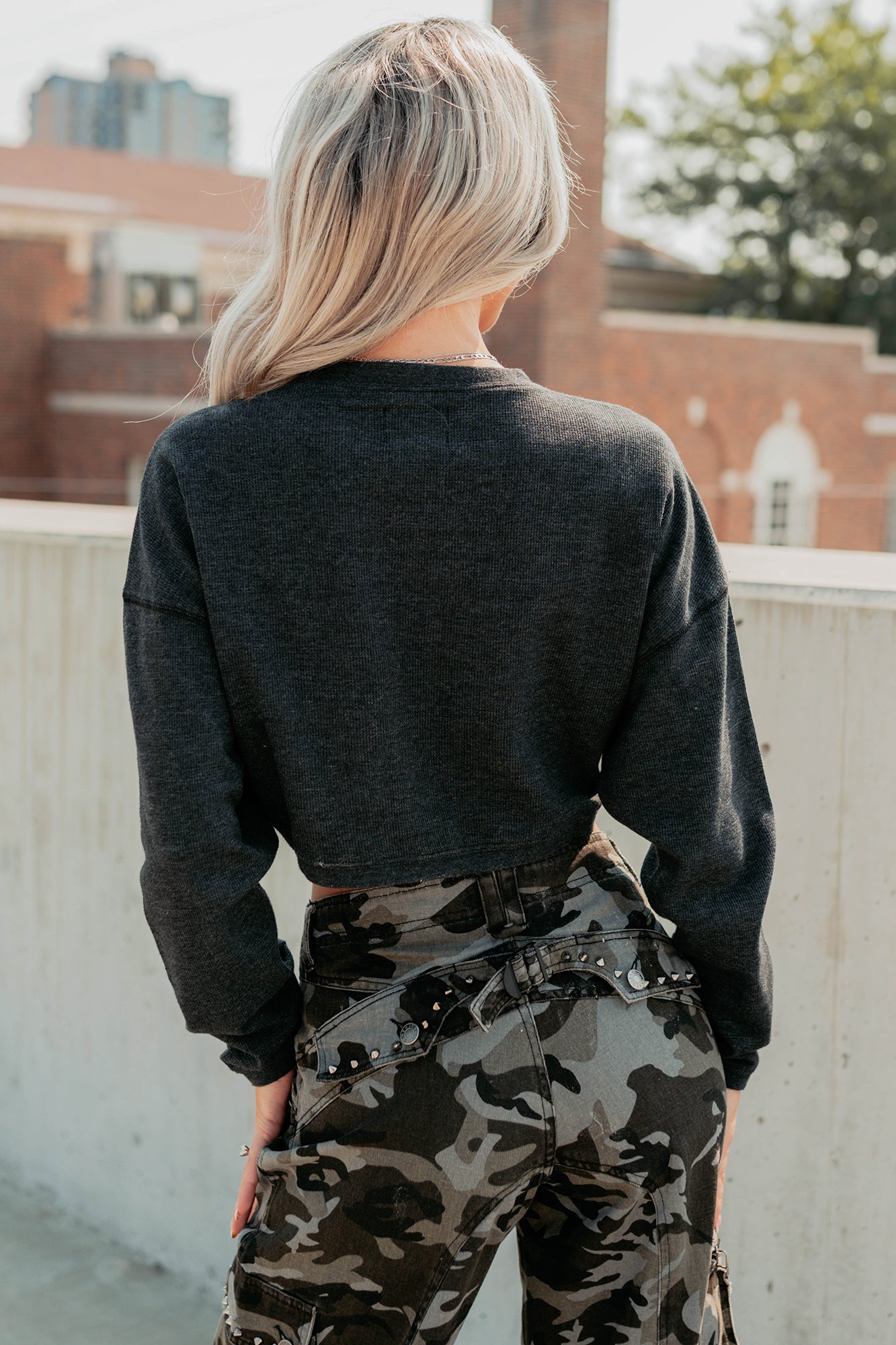 Everyday Cool Waffle Knit Long Sleeve Crop Top (Black)