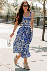 Deeply Devoted Smocked Printed Midi Dress (Denim Blue)