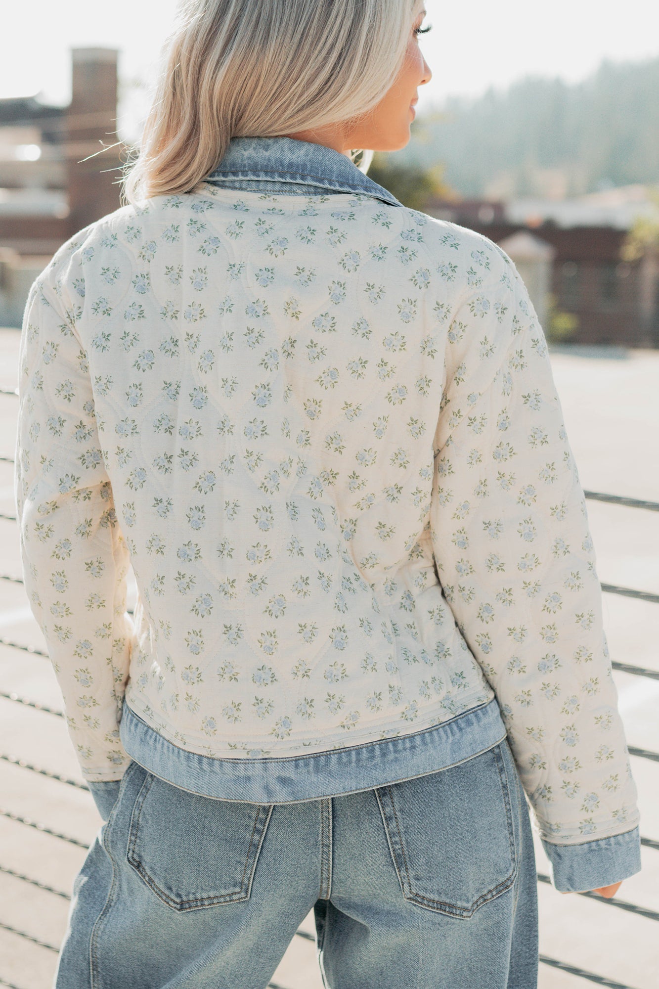 Breezy Mood Floral Quilted Denim Jacket (Ivory/Blue)