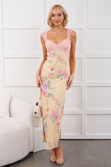 Growing & Glowing Lace Detail Floral Mesh Maxi Dress (Pink/Yellow)