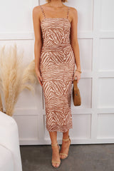 Don't Call Me Up Zebra Print Mesh Midi Dress (Mocha)