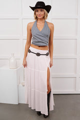 Love Cue Stripe Halter Denim Crop Top (Blue/White)