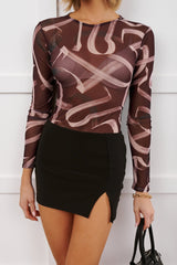 Own It All Abstract Print Mesh Bodysuit (Chocolate Brown)