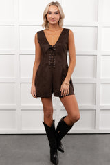 Let It Be Faux Suede Lace-Up Romper (Dark Chocolate)