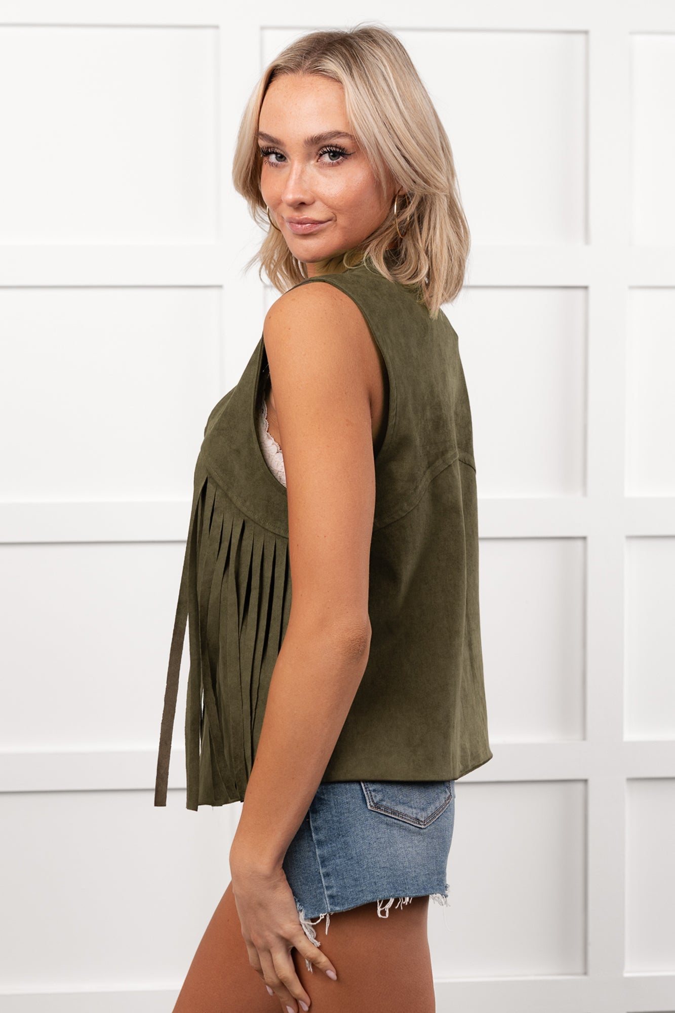 Barnwood Love Faux Suede Fringe Detail Vest (Dark Olive)