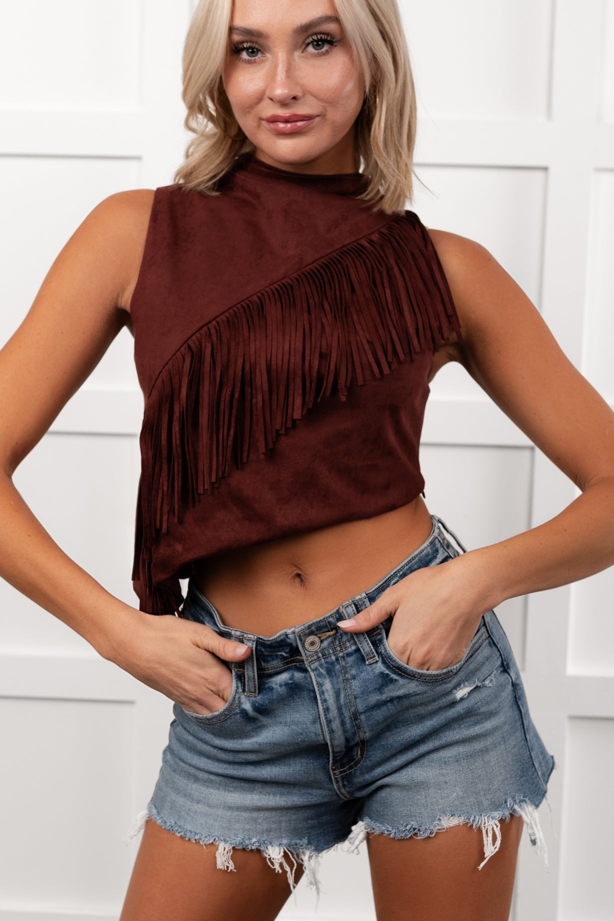 Boujee In Boots Sleeveless Fringe Detail Top (Rust)