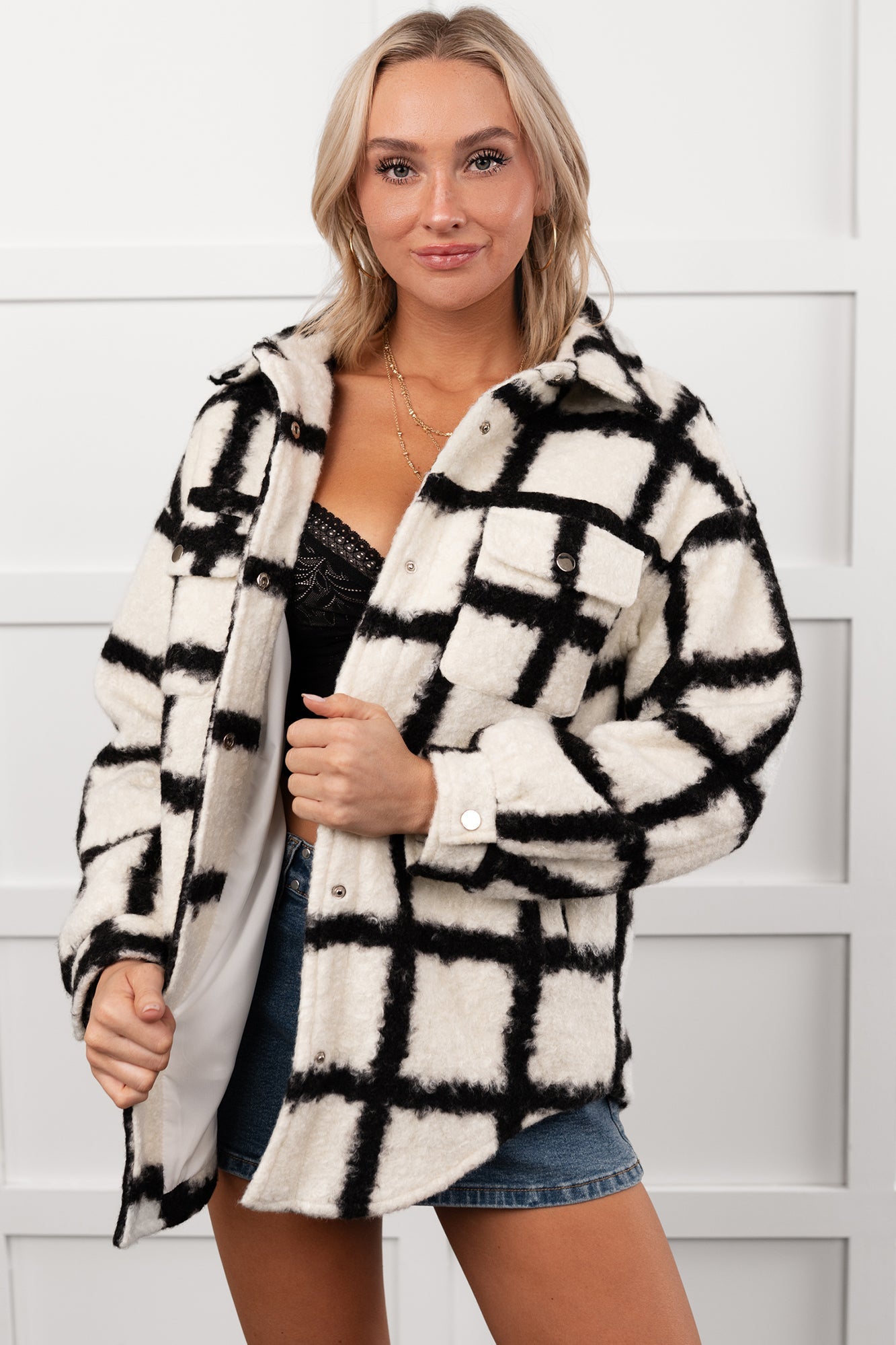 Hearth Light Grid Print Brushed Fleece Coat (Black)