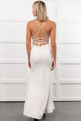 Signature Elegance Asymmetric Rhinestone Maxi Dress (Off White)