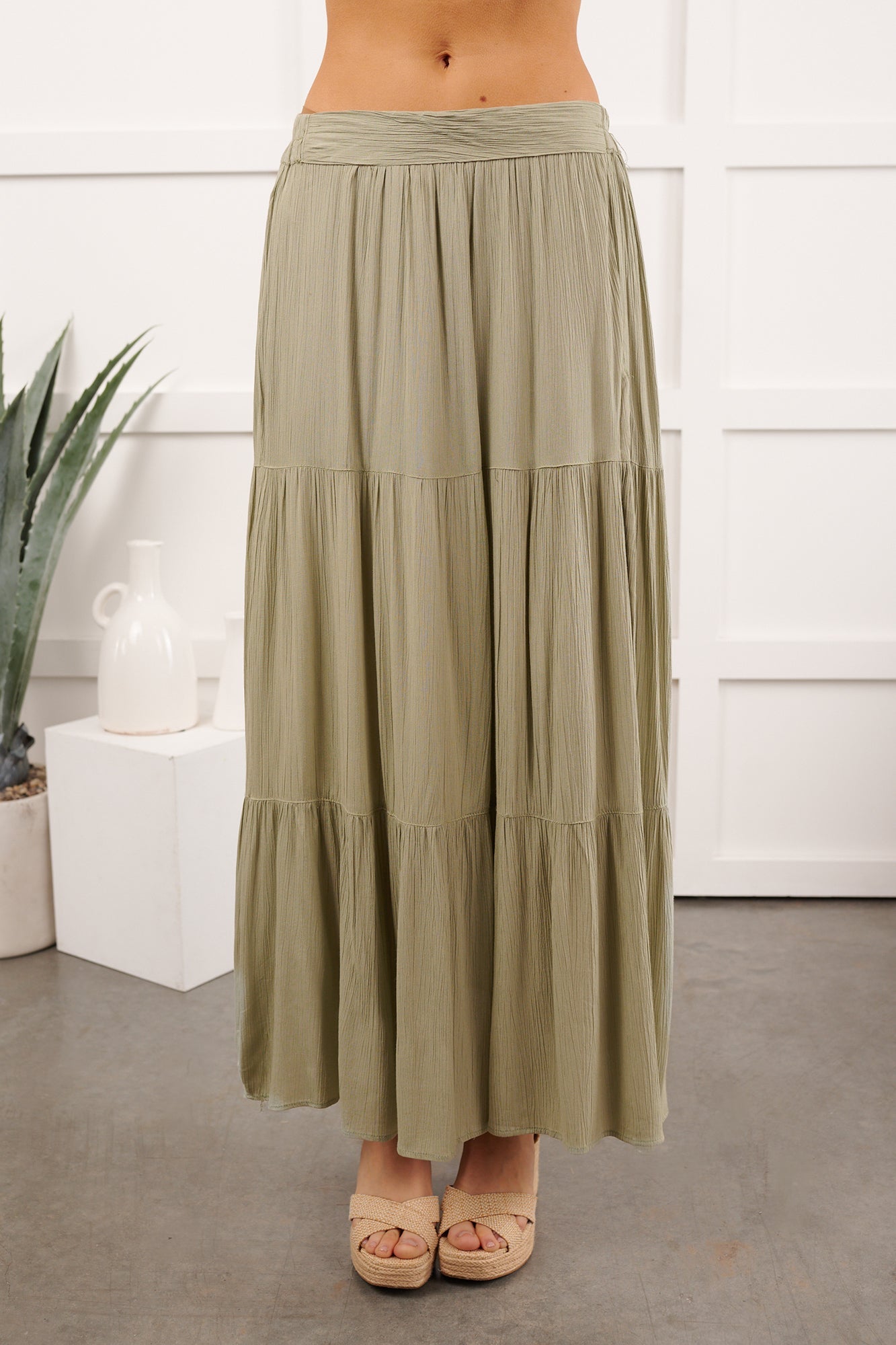 Darling Moments Tiered Slit Maxi Skirt (Sage)