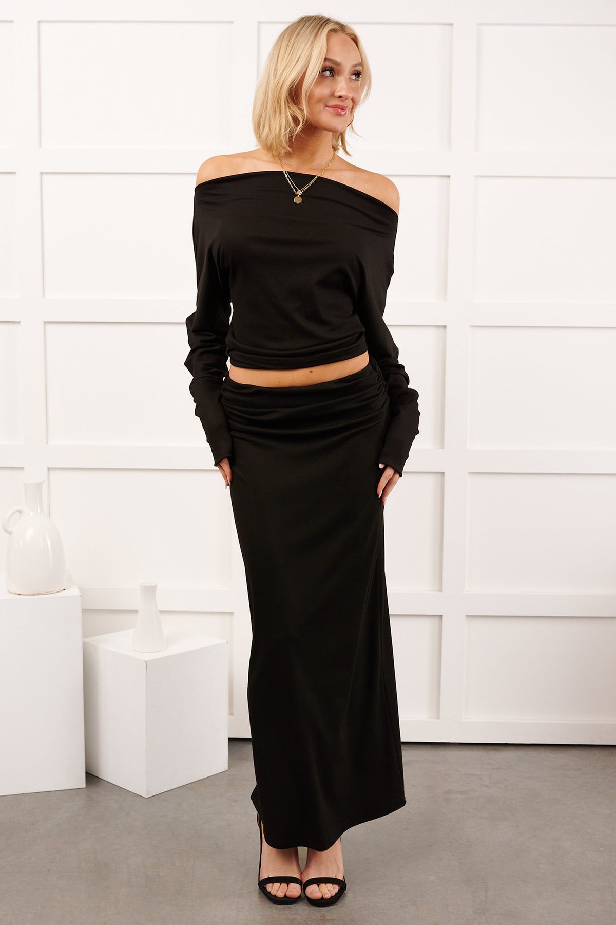 Nestle In Now Long Sleeve Maxi Skirt Set (Black)