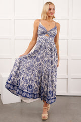 Beach Lullaby Floral Sleeveless Maxi Dress (Ivory/Blue)