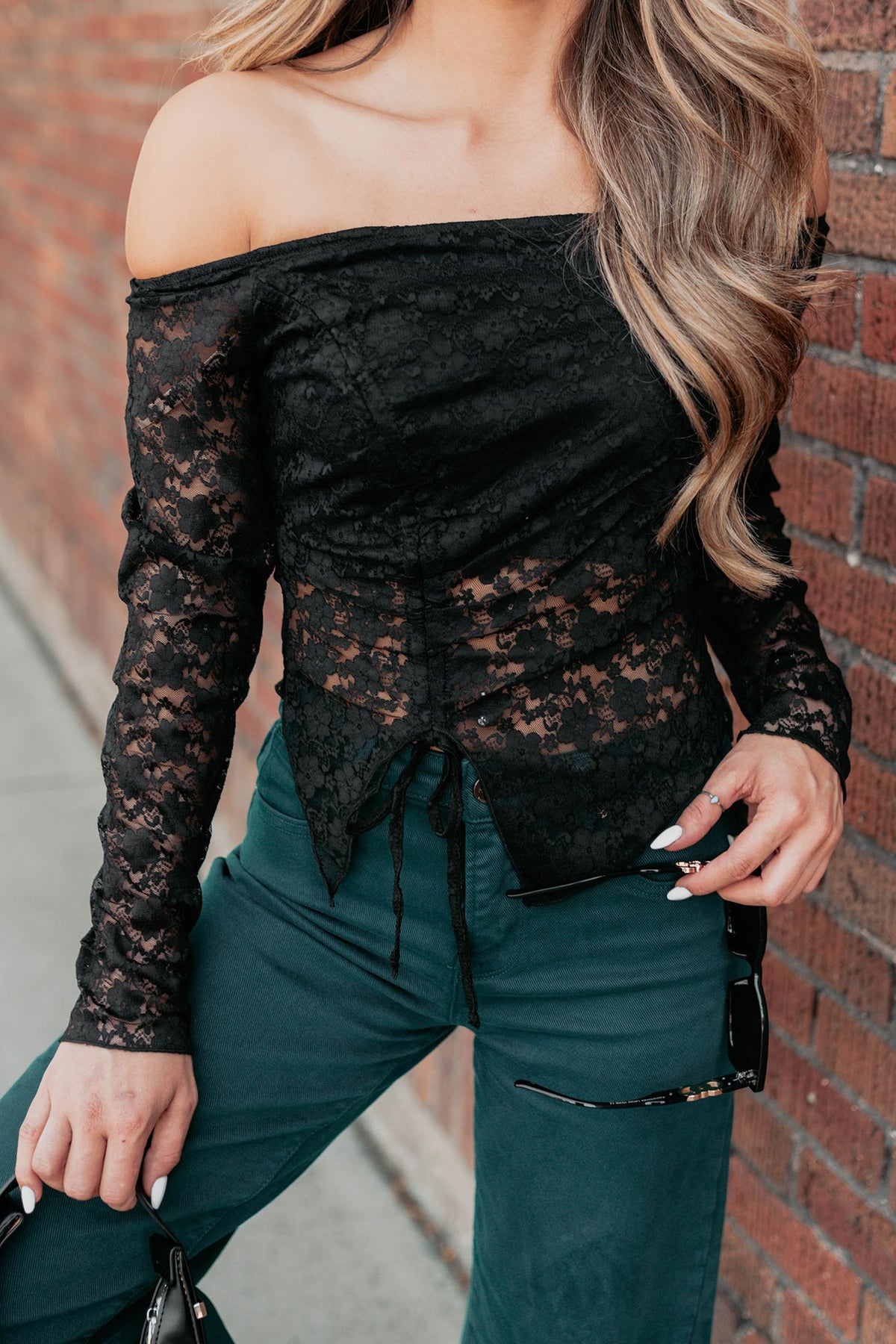 Up To Standard Ruched Lace Asymmetric Top (Black)