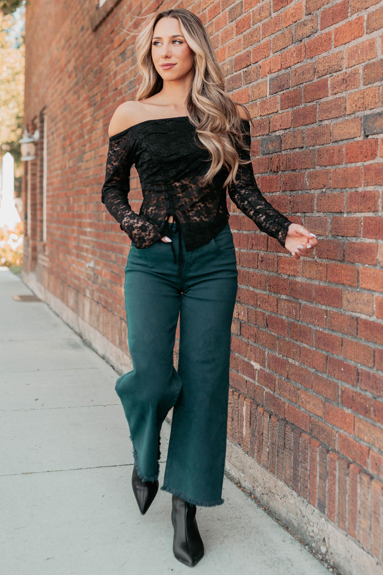 Up To Standard Ruched Lace Asymmetric Top (Black)