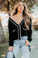 Comfort Current Contrast Button-Up Cardigan (Black)