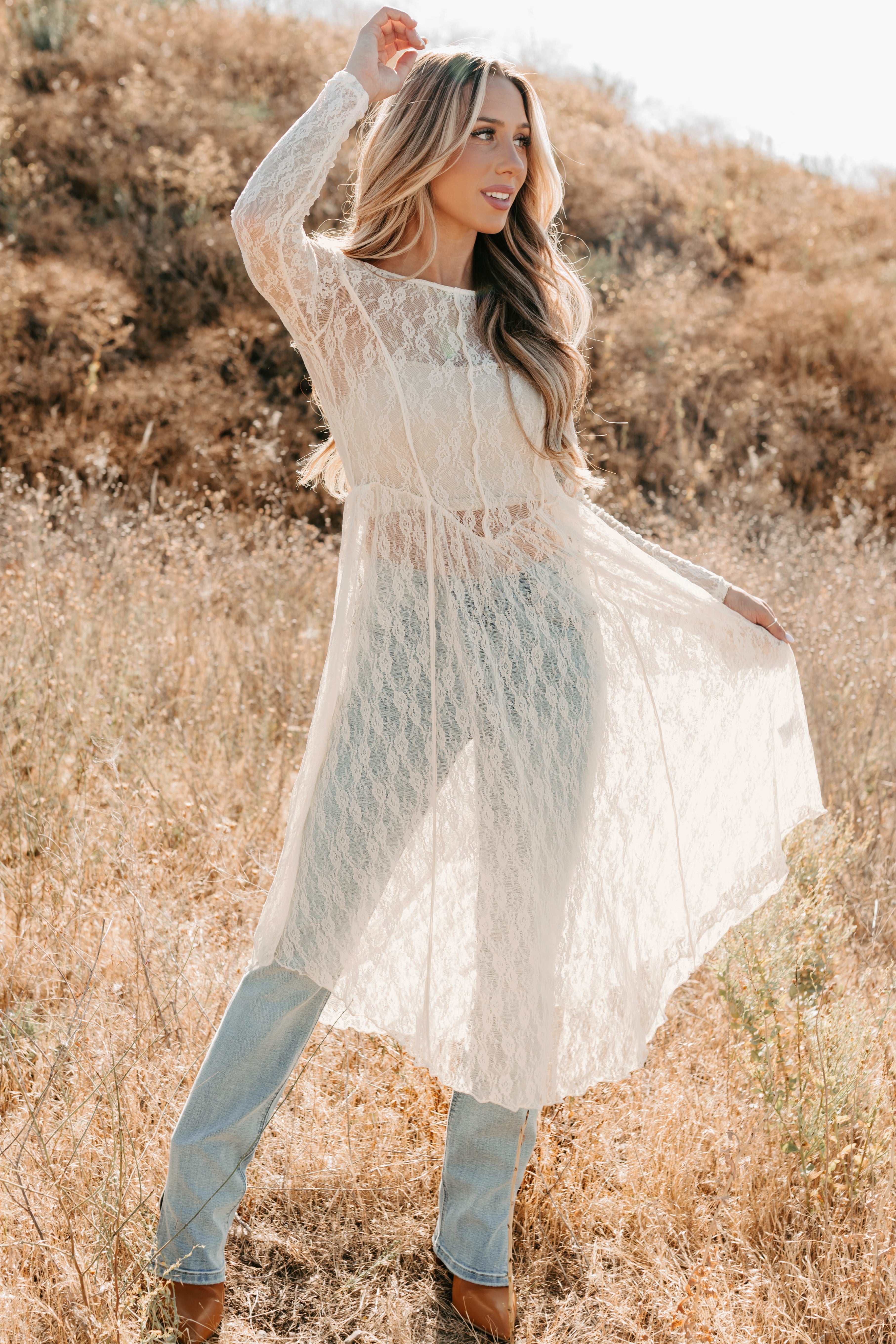 Spirit Dances Sheer Lace Midi Layering Dress (Ecru)