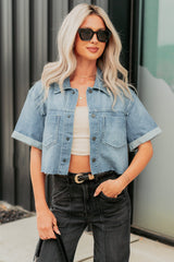 Out & About Short Sleeve Denim Crop Top (Medium)