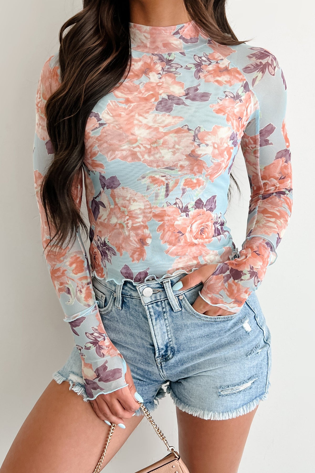 Hooked On You Floral Mesh Long Sleeve Top (Peach/Blue)