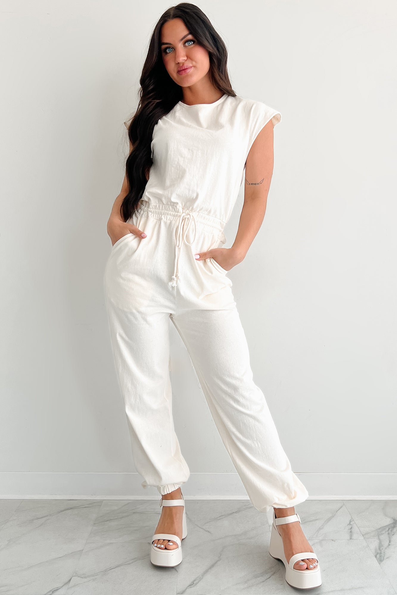 Just The Basics Short Sleeve Jumpsuit (Ivory)