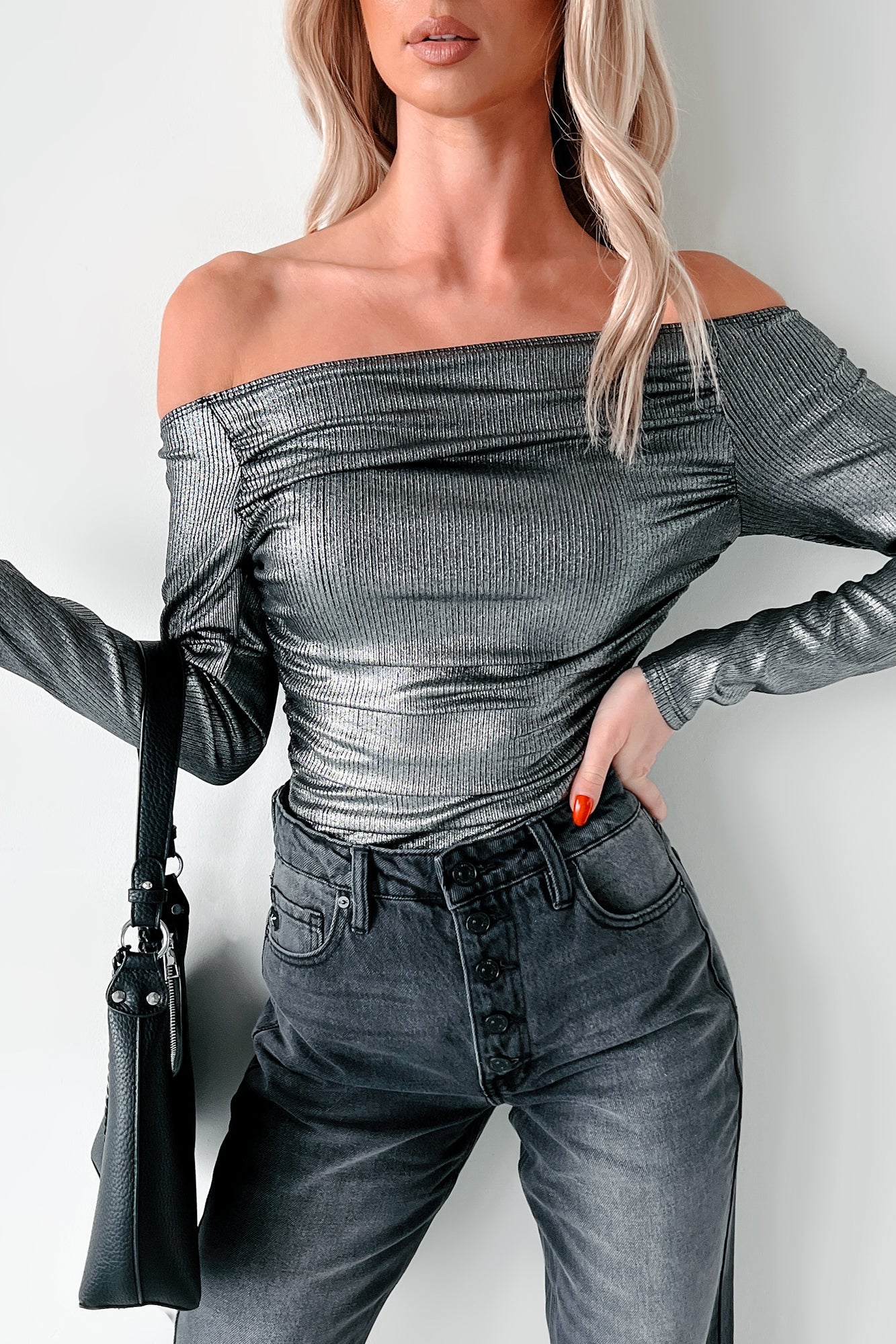 Midnight Magnetism Off The Shoulder Metallic Bodysuit (Galaxy Black)