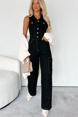 Social Call Denim Halter Cargo Jumpsuit (Black)