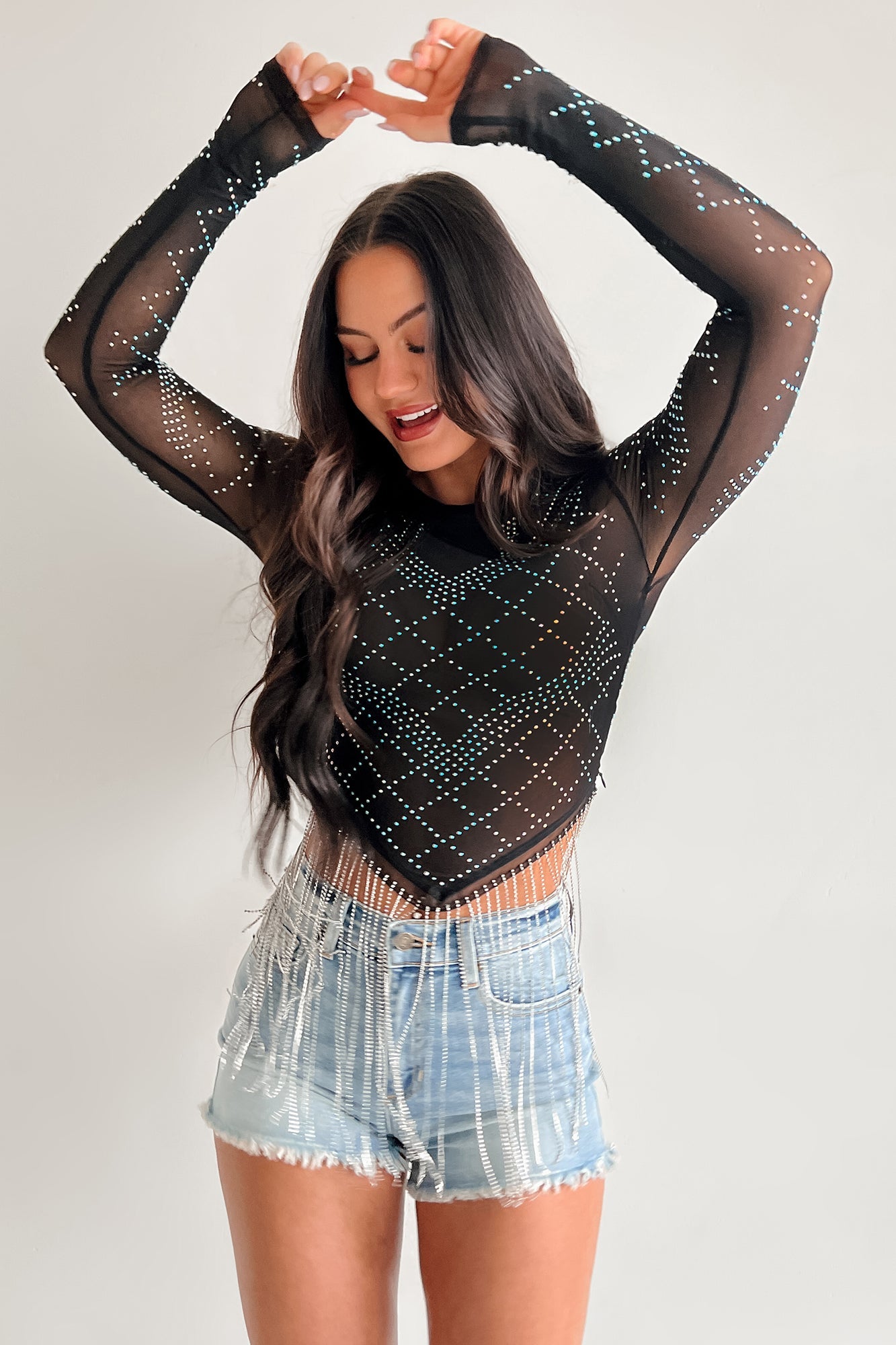 Flashy But Fun Mesh Rhinestone Fringe Top (Black)