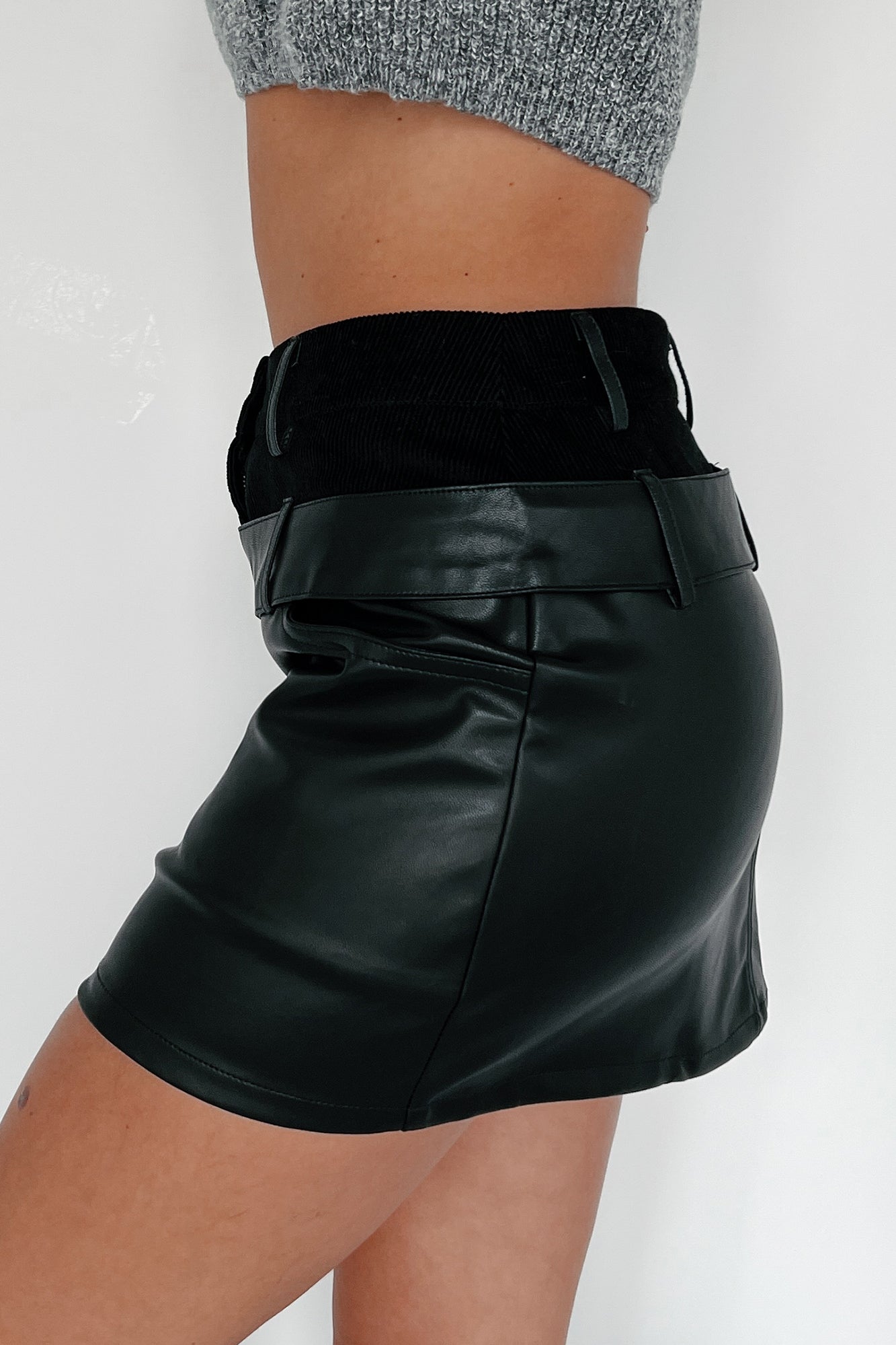 Don't Trust Me Double-Waisted Faux Leather Skirt (Black)