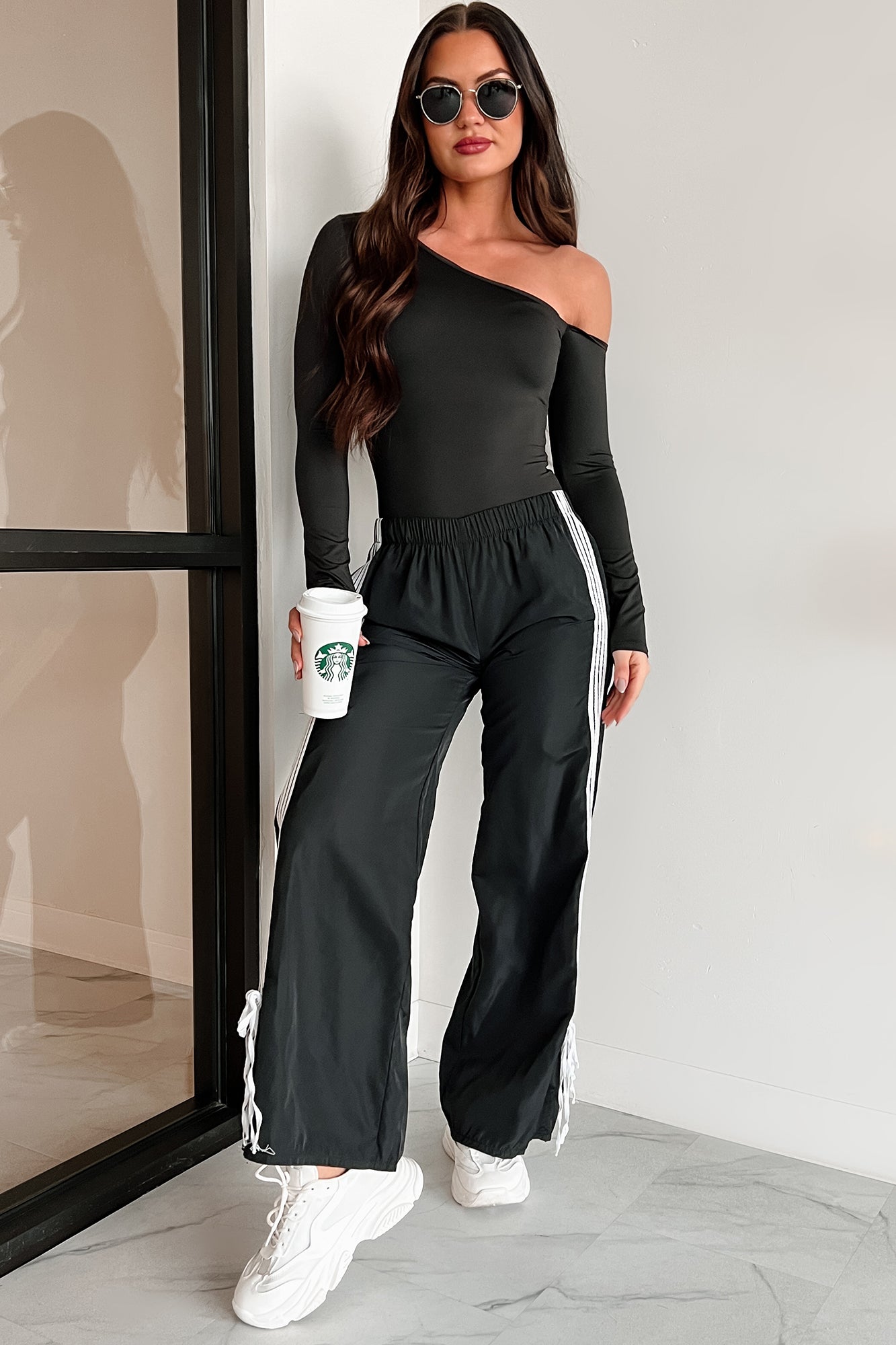 Colby Side Stripe Ribbon Tie Track Pants (Black)