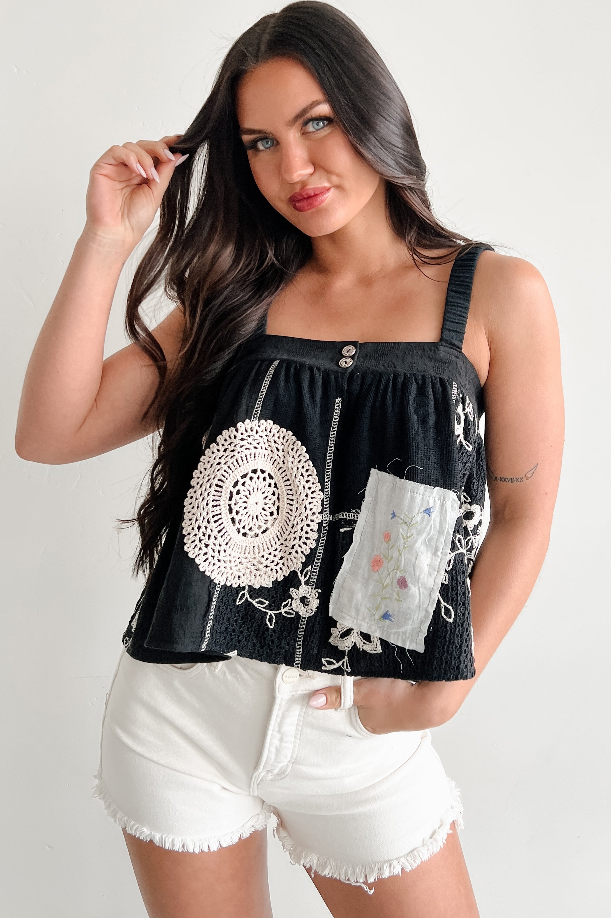 Trendsetter POL Crochet Patchwork Sleeveless Top (Black)