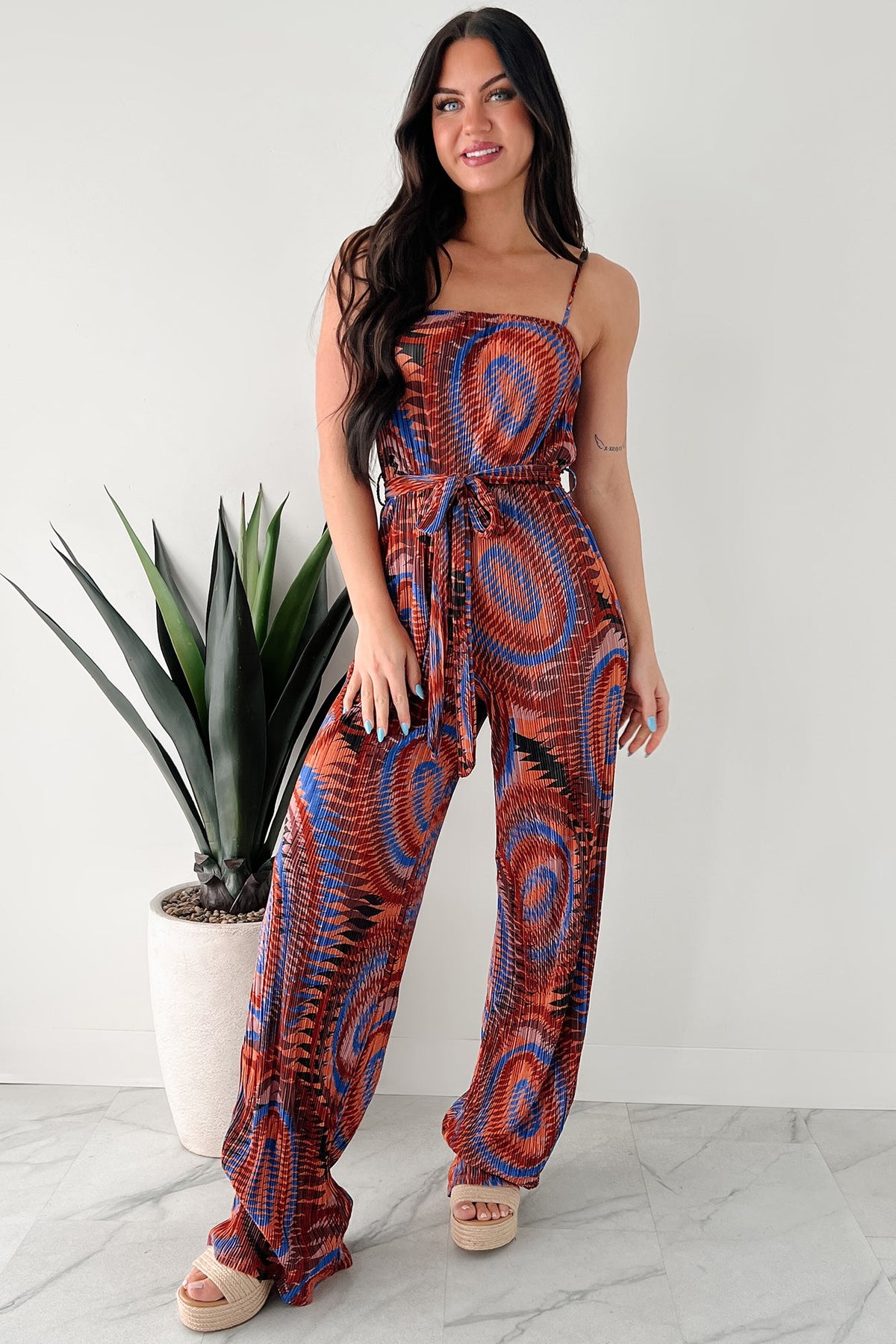 Turn Up The Volume Pleated Wide Leg Jumpsuit (Brick/Royal Blue)