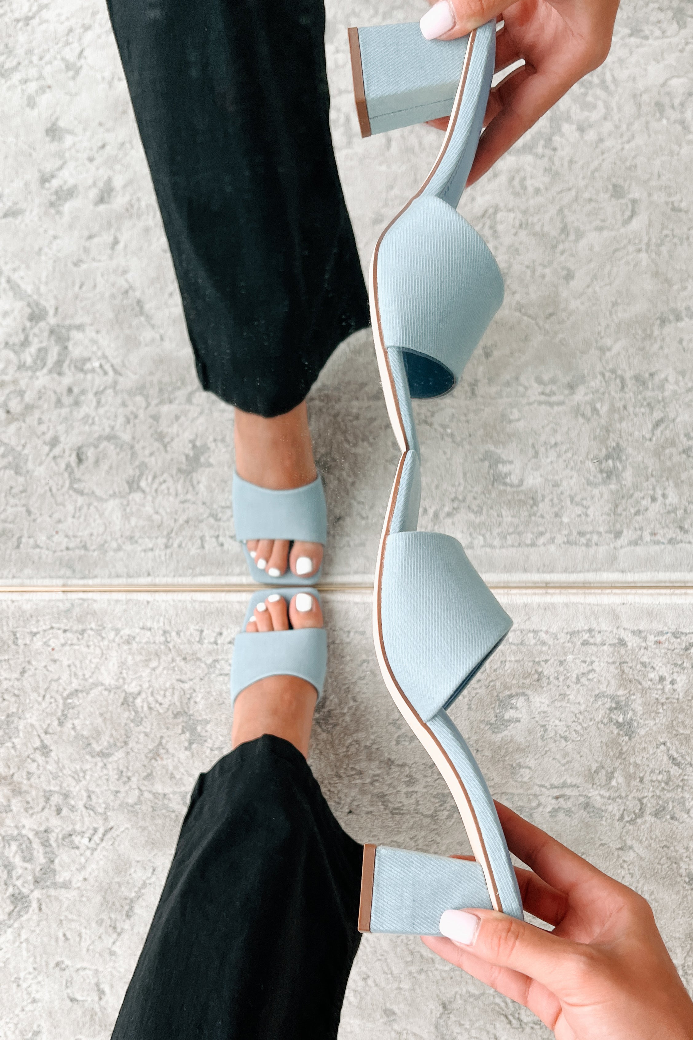 Style Points Square Toe Block Heel Sandals (Blue Fabric)