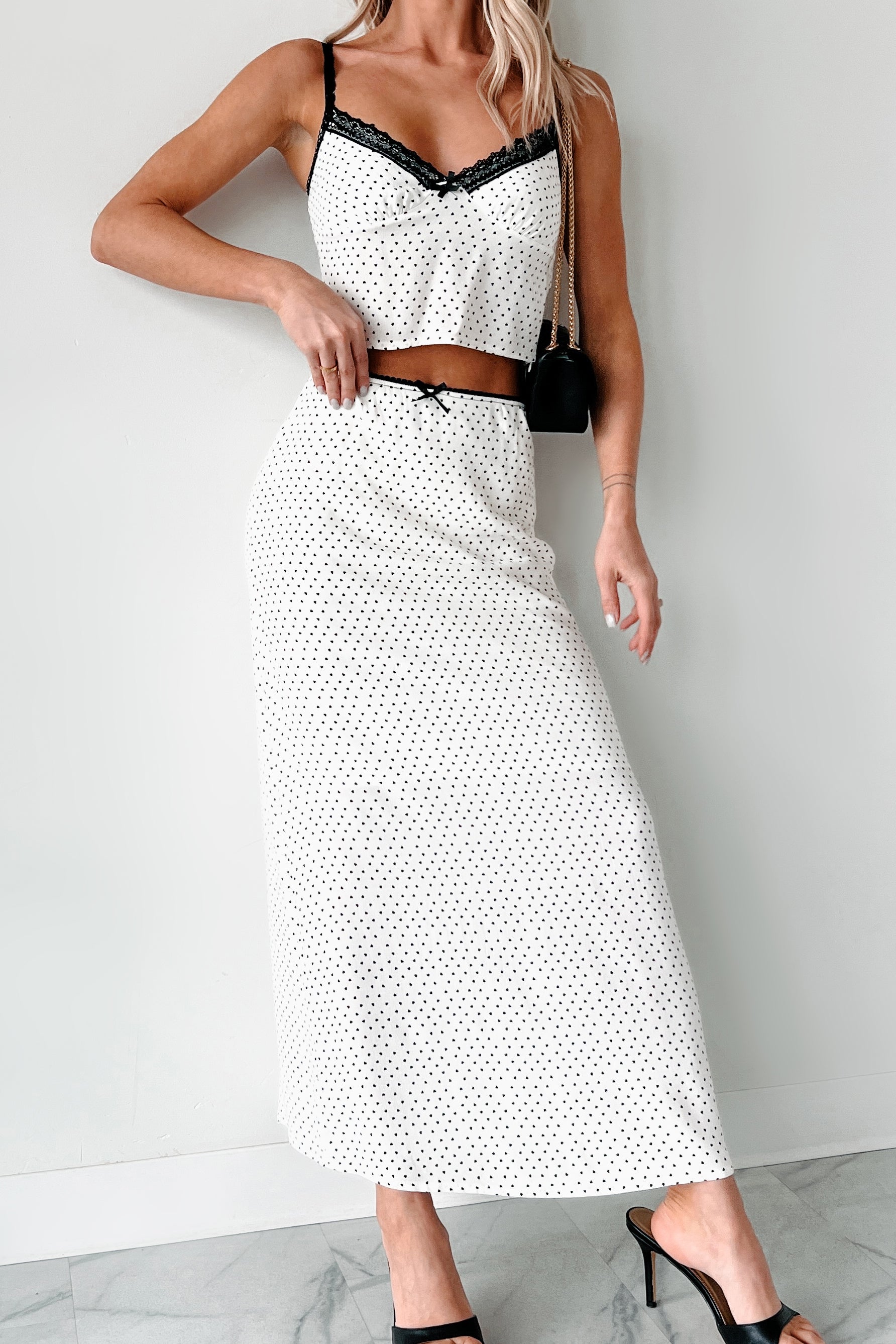 Headed To Brunch Heart Print Cami & Skirt Set (Cream/Black)