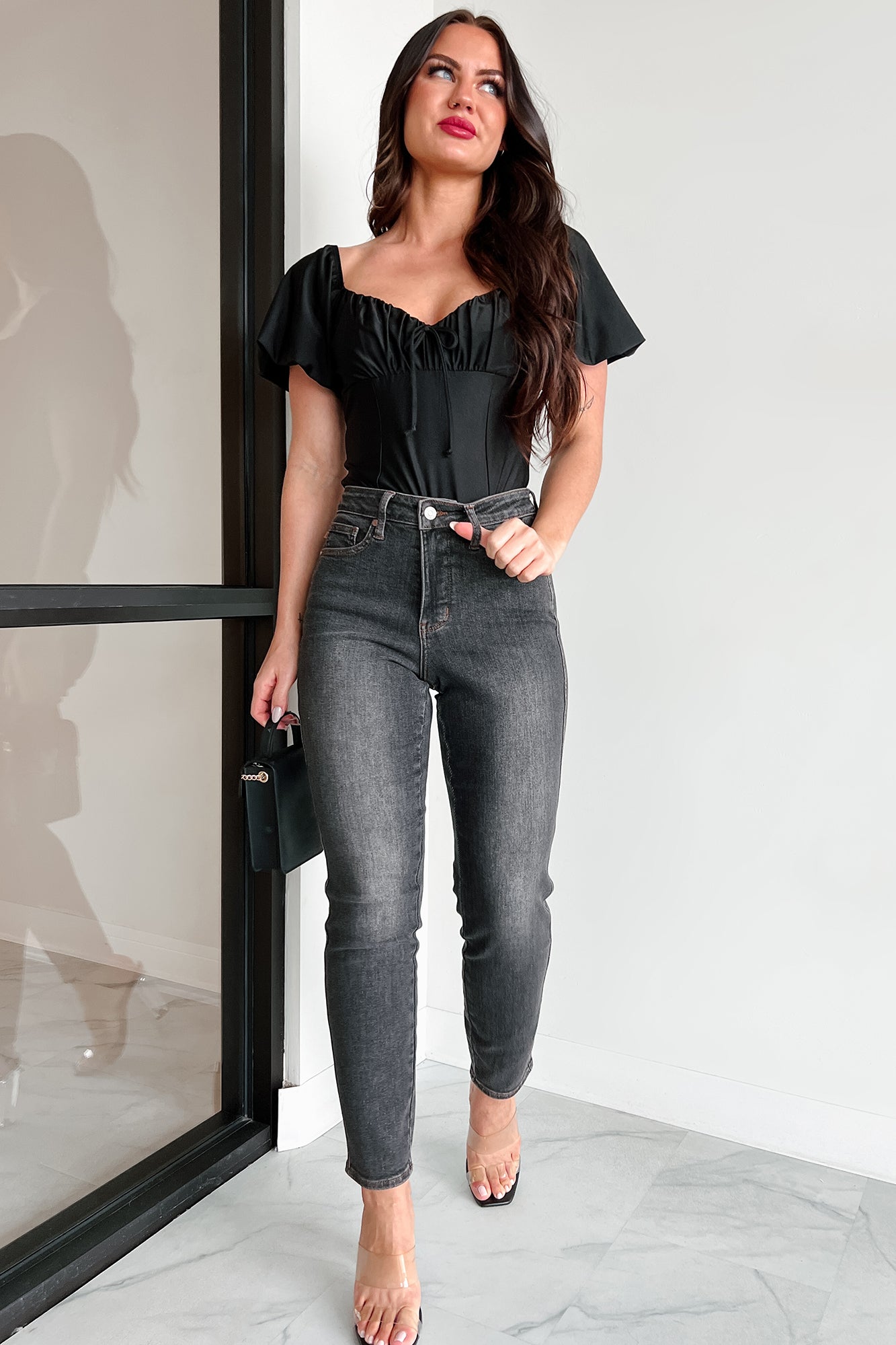 Humming Along Puff Sleeve Scoop Neck Bodysuit (Black)