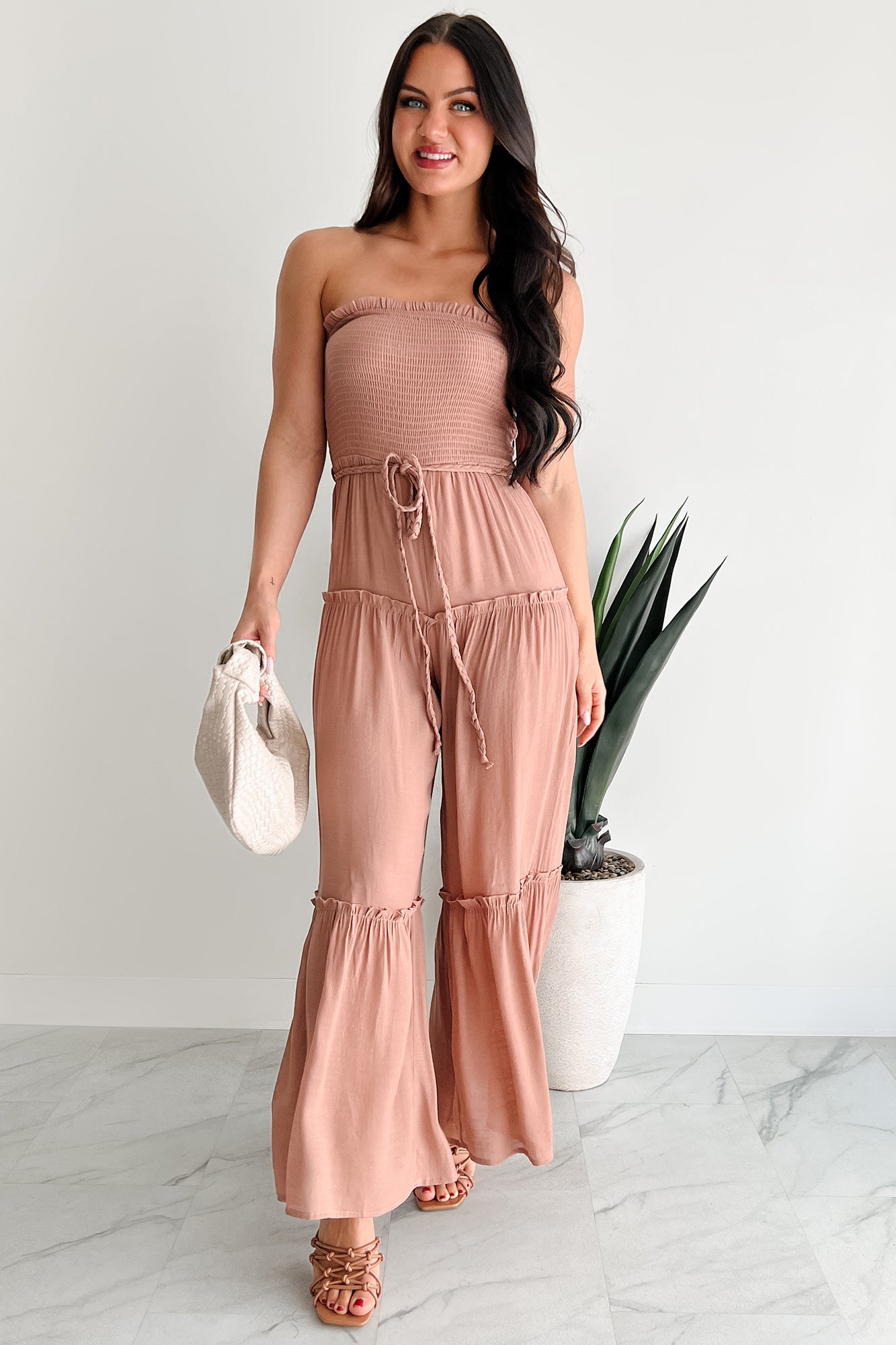 Glam Goddess Strapless Smocked Jumpsuit (Clay)