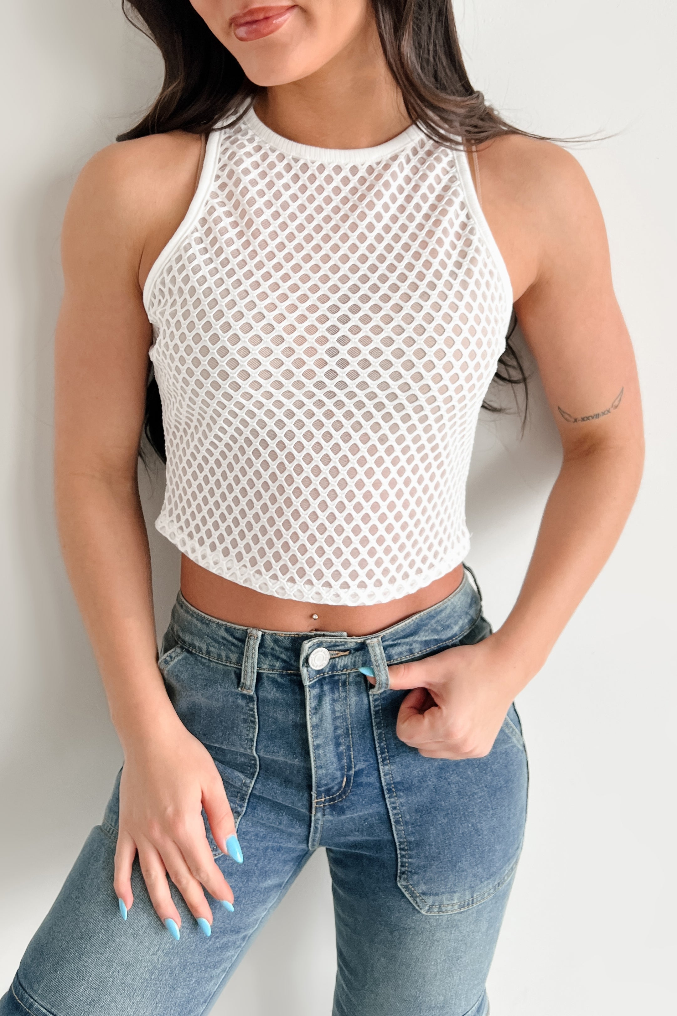 Boho Dreaming Lattice Mesh Crop Tank (White)