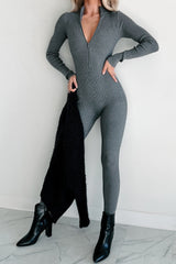 Lowkey And Loving It Zip Front Ribbed Jumpsuit (Heather Grey)