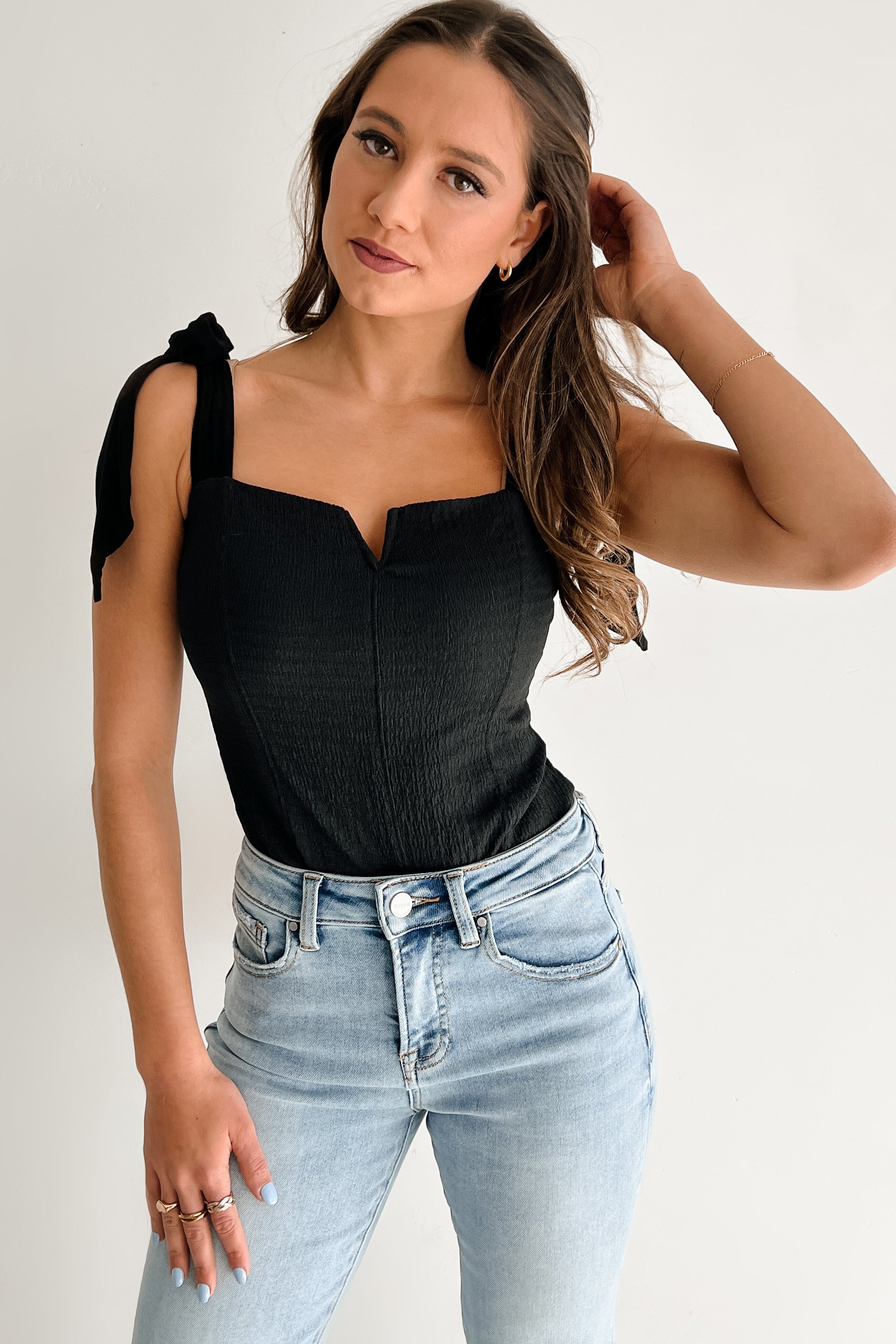 A Stitch In Time V-Notch Tie Strap Bodysuit (Black)