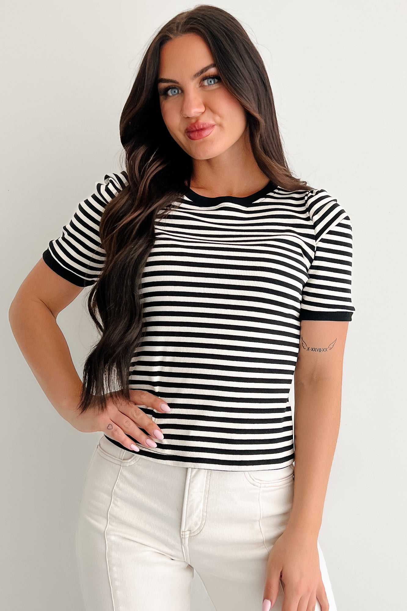 Casual & Cool Striped Puff Shoulder Top (Black/Ivory)
