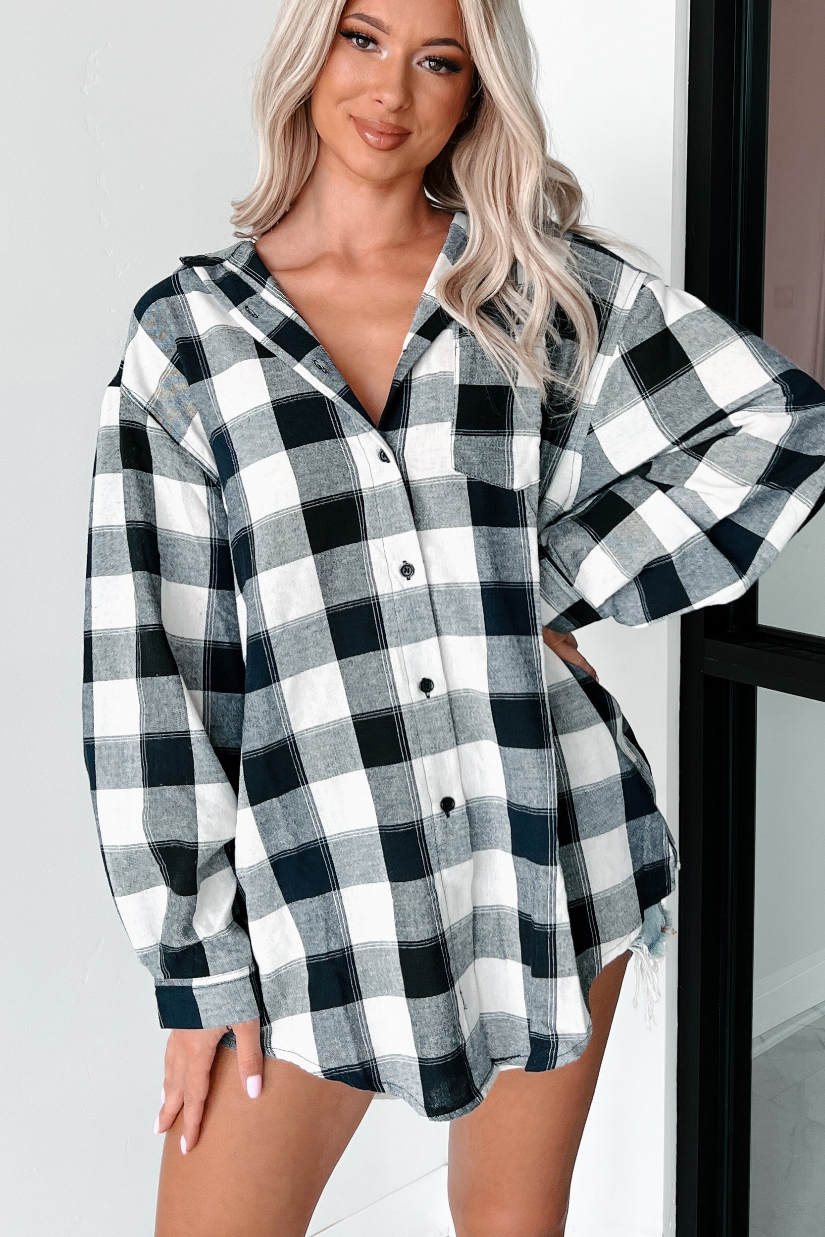 Just Being Myself Oversized Plaid Linen Shirt (Navy)