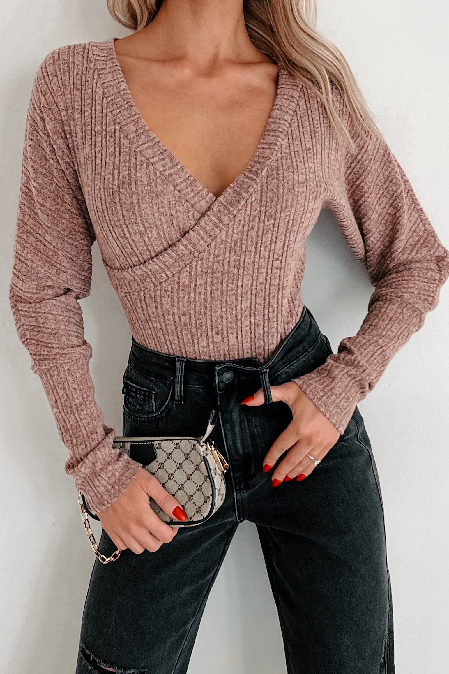 Kaelin Long Sleeve Surplice Bodysuit (Dusty Pink)