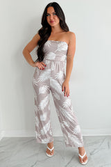 Palm Plans Strapless Leaf Print Jumpsuit (Taupe)