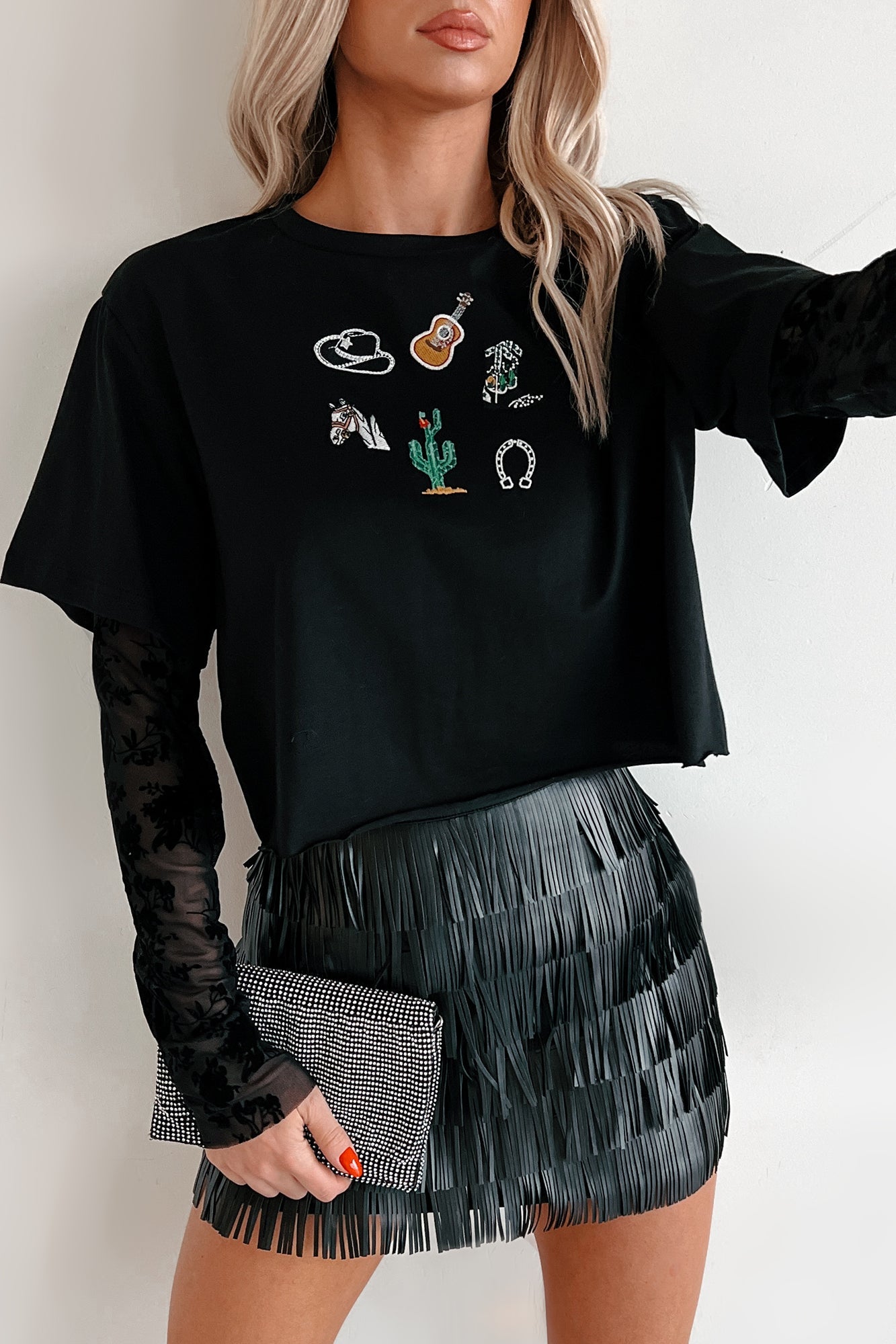 Ain't She Something Velvet Sleeve Western Tee (Black)